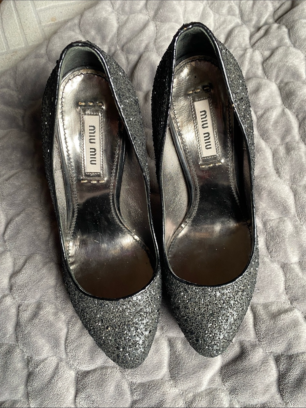 Miu Miu Black Glitter Pointed-Toe Pumps 35.5